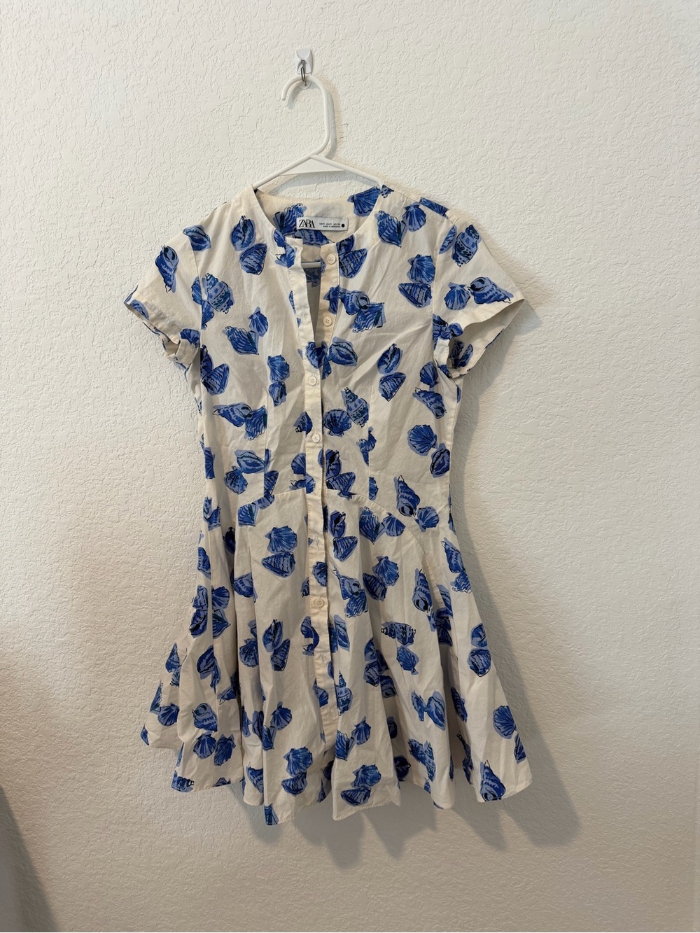 Zara White Cotton Button-Front Dress with Blue Floral Print